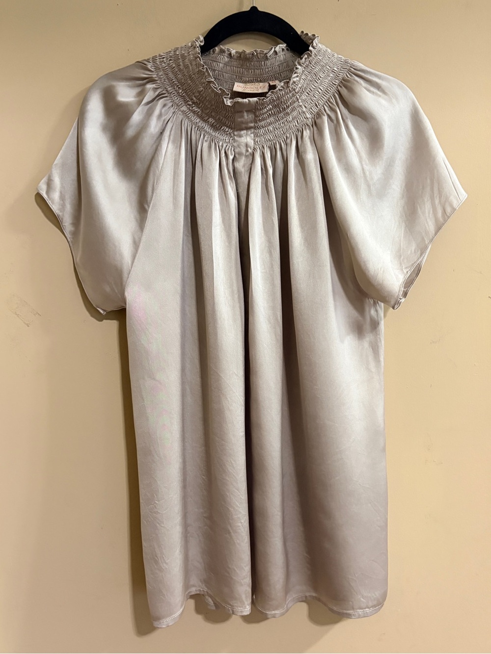 Rungolee Silky Smocked Neck Short Sleeve Top - Neutral Gray